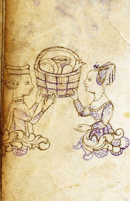Drawing of male and female holding basket and looking at each other