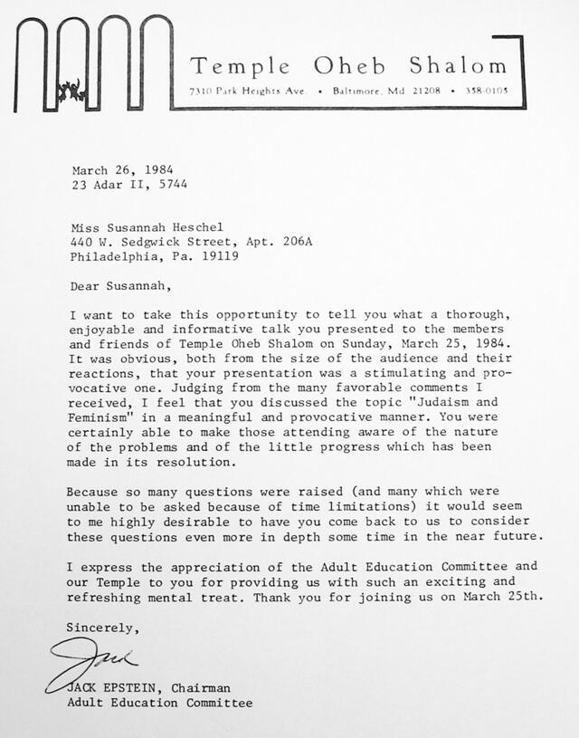 Letter from Jack Epstein to Susannah Heschel, March 26, 1984