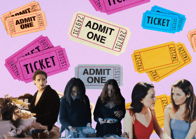 Collage of Jewish queer movie characters on pink background of movie tickets