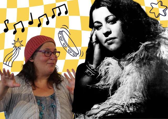 Collage of Cass Elliot and Rabbi Minna Bromberg on white and yellow checkered background