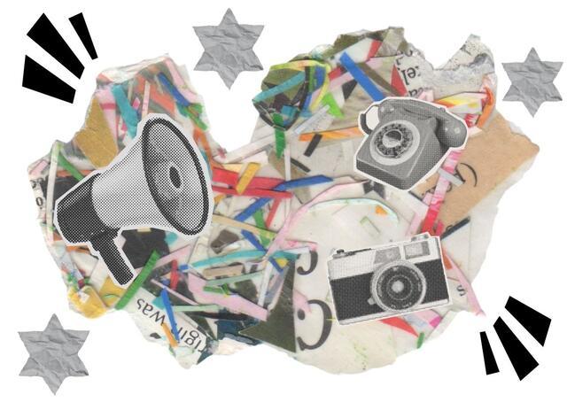 Collage of megaphone and camera over colorful confetti