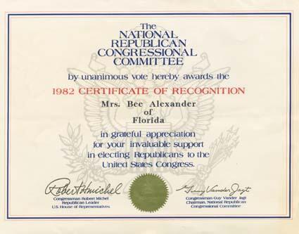 Certificate From National Republican Congressional Committee in Appreciation of Beatrice Alexander's Support, 1982