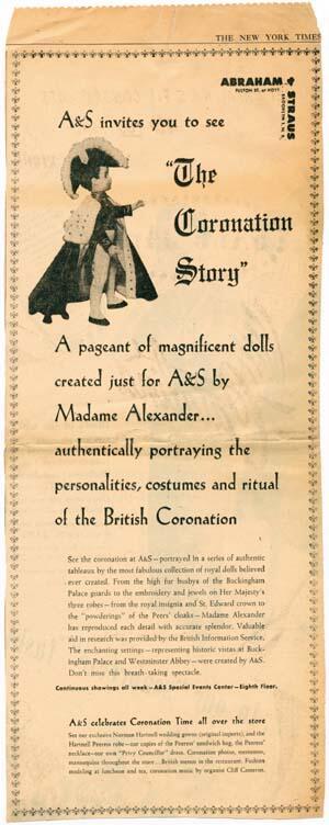 Advertisement for the Display of Beatrice Alexander's Coronation Dolls at Abraham & Straus, The New York Times, May 24, 1953