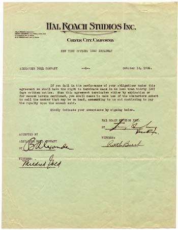 Contract Granting the Alexander Doll Company Permission to Sell Dolls and Puppets of the Hal Roach Studios' "Our Gang" Characters, October 16, 1924