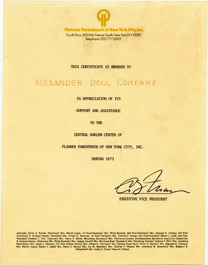 Certificate From the Central Harlem Center of Planned Parenthood of New York City, Inc., in Appreciation of Beatrice Alexander's Support, 1973