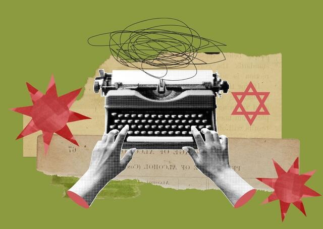 Image of hands typing on a typewriter with a green background and red designs with a red Star of David.