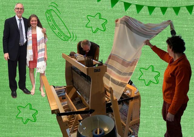 Photographs of Miriam Niestat, her family, and a loom collaged on woven green background