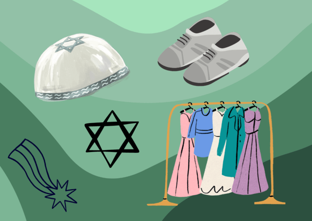 Collage of kippah and other clothing on patterned green background