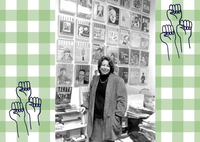 Collage of Susan Weidman Schneider on green and white checkered background