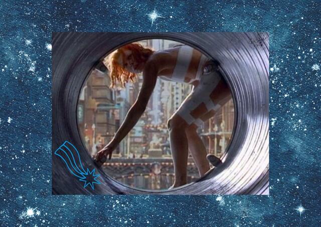 Collage of Milla Jovavitch in The Fifth Element on a blue sparkling background