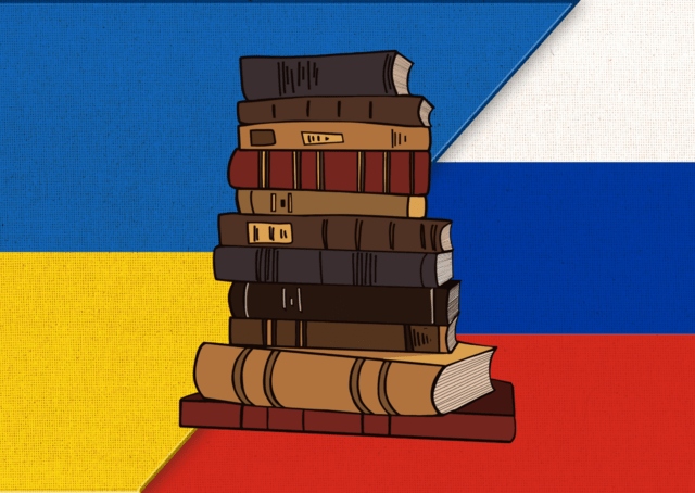 Stack of books against collage of the Ukrainian and Russian flags