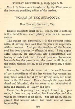Excerpt from Ray Frank's Paper, "Woman in the Synagogue," Given at the Jewish Women's Congress, 1893