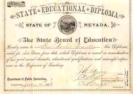 Ray Frank's Teaching Certificate, Nevada, 1886