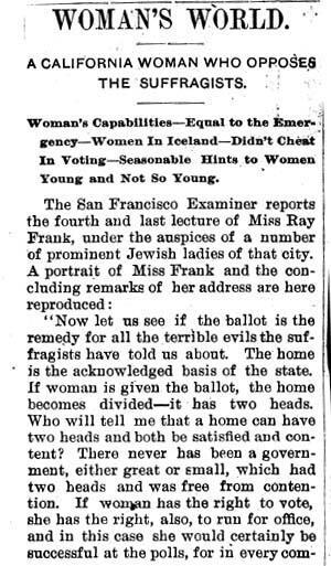 "A California Woman Who Opposes the Suffragists" Article About Ray Frank's Opposition to Suffrage, Page 1