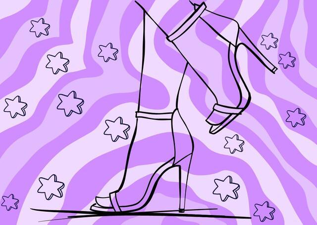 Outlined drawing of high heels and Jewish stars on bright purple background