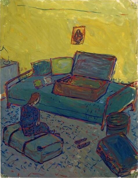 A painting of a woman sitting alone in a room on a suitcase, another empty suitcase in front of her