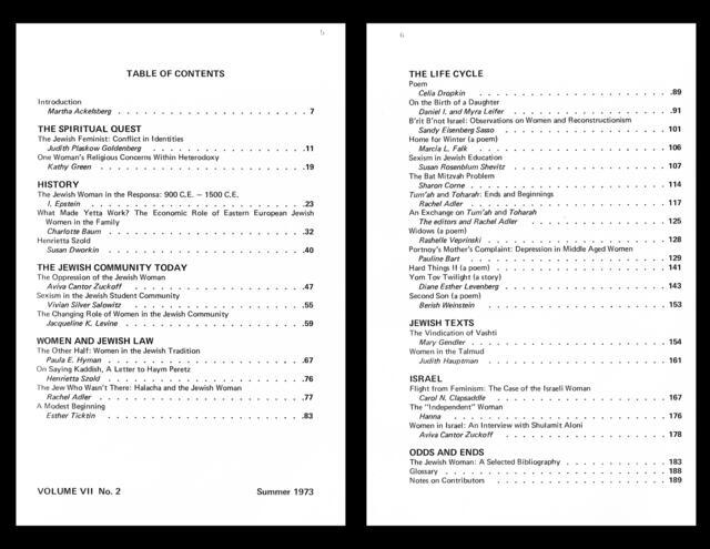 "Response: A Contemporary Jewish Review" Table of Contents, by Rachel Adler, summer 1973