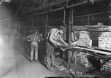 Putting Bottles into the Annealing Oven, an Indianapolis Glass Works, Indianapolis, Indiana, 1908